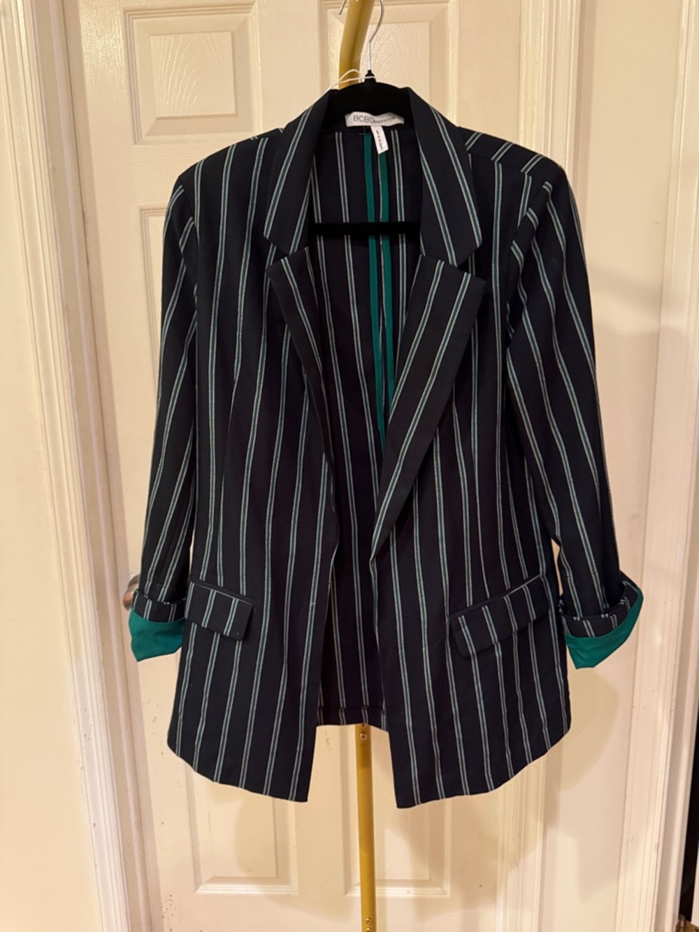 BCBGeneration Black Blazer Teal Pinstripes office academia sexy sophisticated